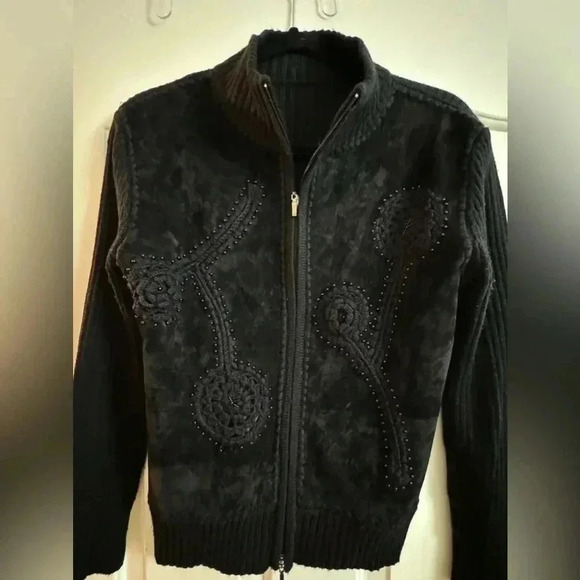 VTG Embroidered Beaded Wool Suede Fitted  Zip Up Jacket Sweater Grannycore Fun - Picture 5 of 16